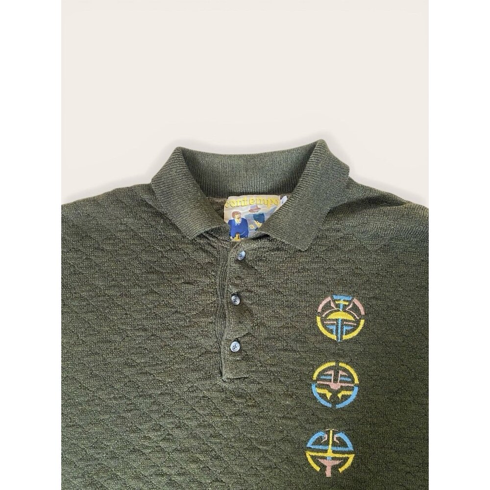 Vintage Contempo Textured Knit Polo Sweater Olive Green Graphic Men's Size L